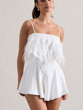 Club L London White Feather Sequin Romper – Size 4 – Party Mini